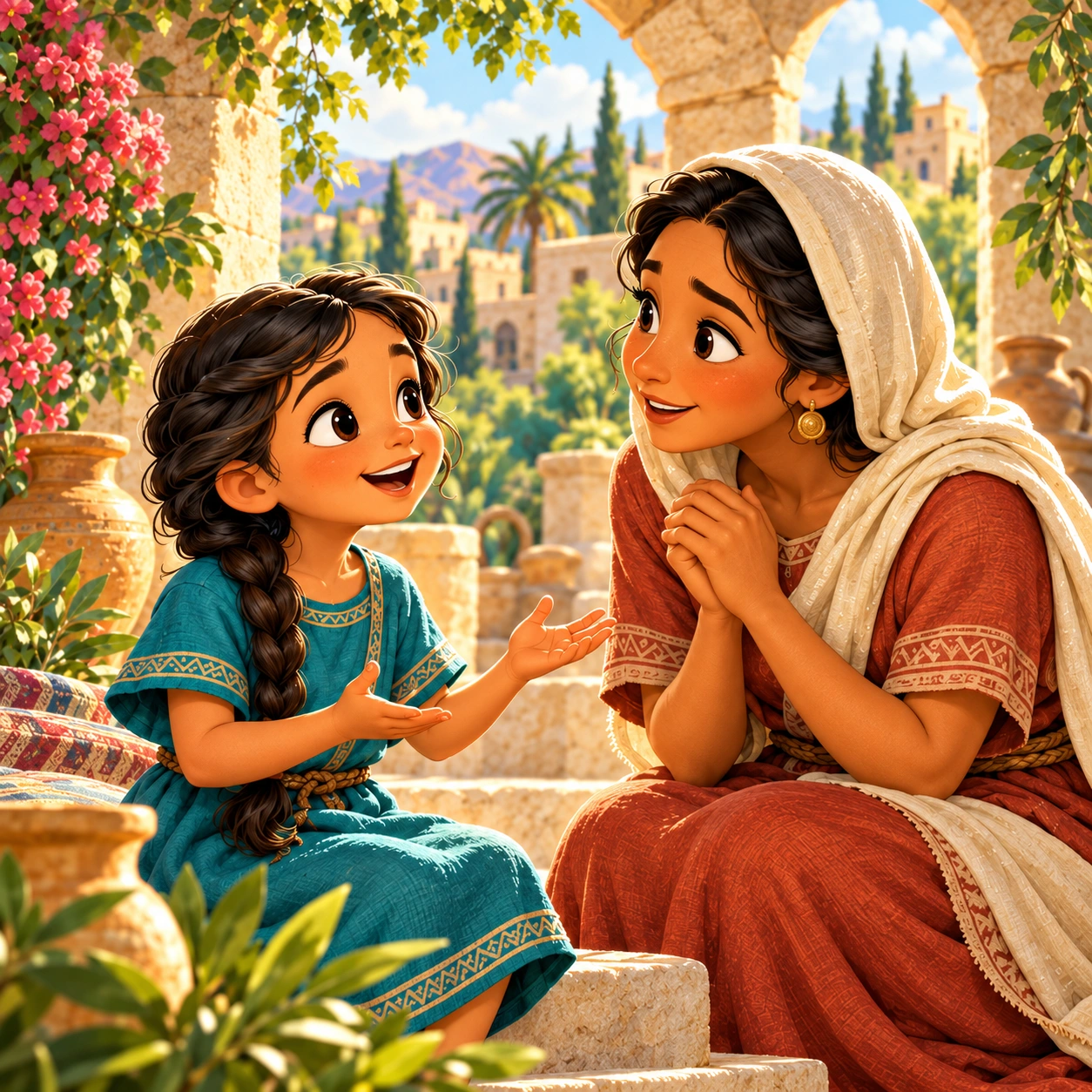 The little girl shares her helpful idea with Naaman’s wife in a sunlit courtyard
