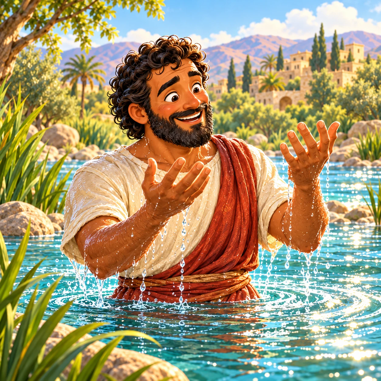 Naaman rejoices in the river after God heals him